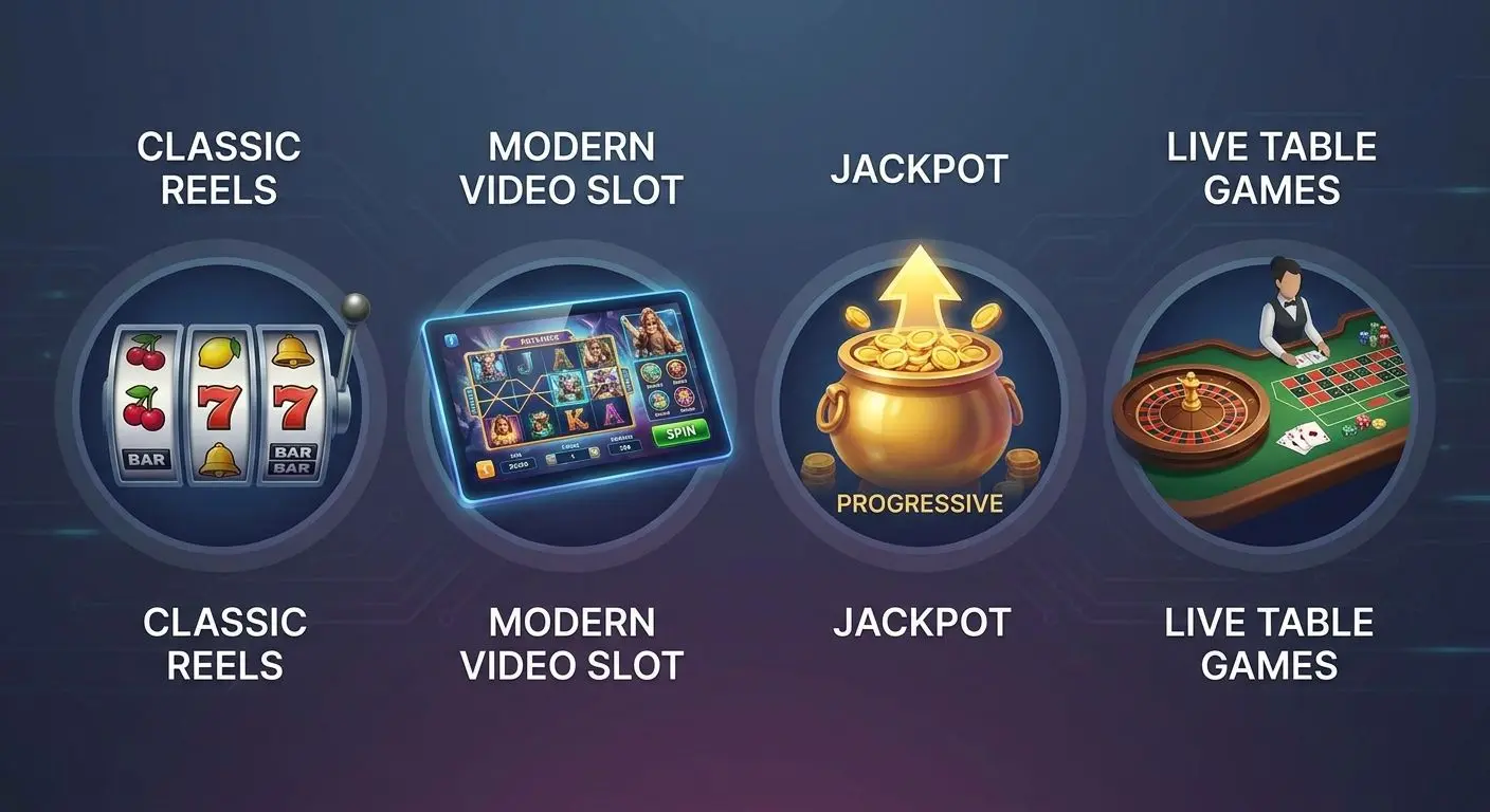Verschiedene Slot-Typen im Vergleich Übersicht verschiedener Slot-Typen wie klassische Slots, Video-Slots und Jackpots