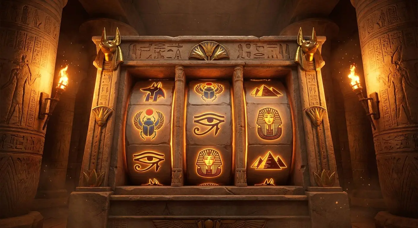 Ägyptisch gestaltete Slot-Walzen vor Tempelhintergrund