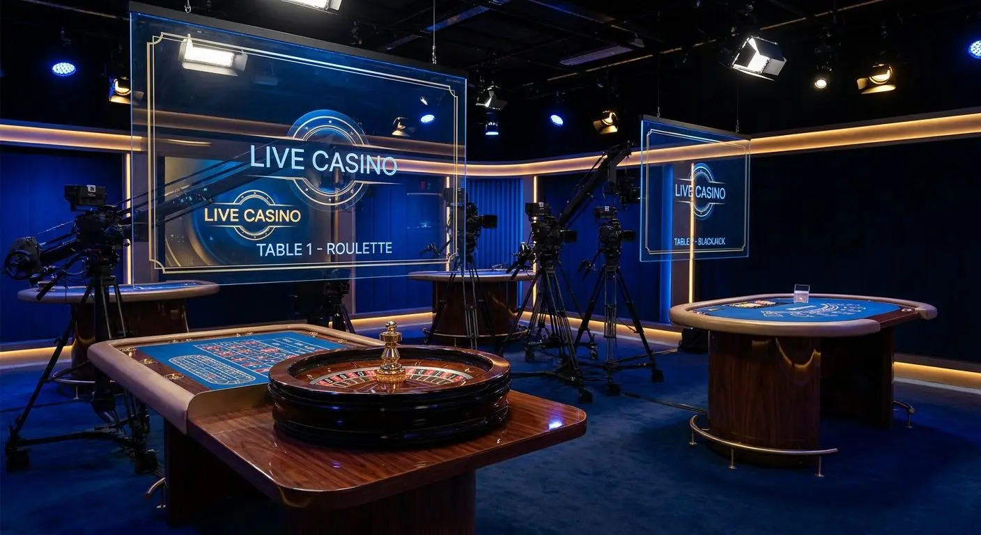 Live-Casino Software und Studioerlebnis Modernes Live-Studio mit Tisch, Kameras und digitaler BenutzeroberflÀche