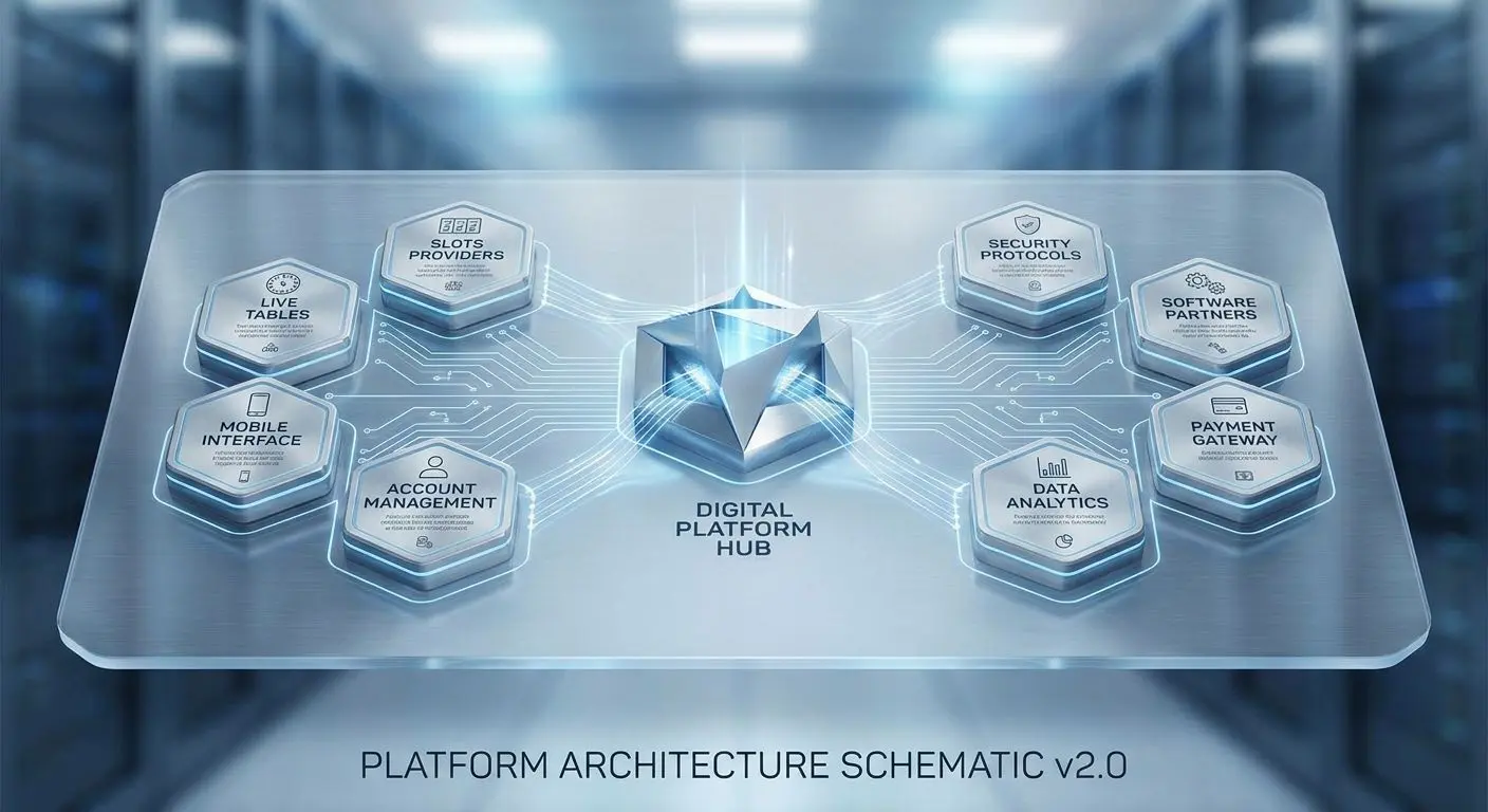 Technische Plattformstruktur hinter PlayOJO Schematische iGaming-Plattform mit zentralem Hub und angebundenen Software-Bereichen