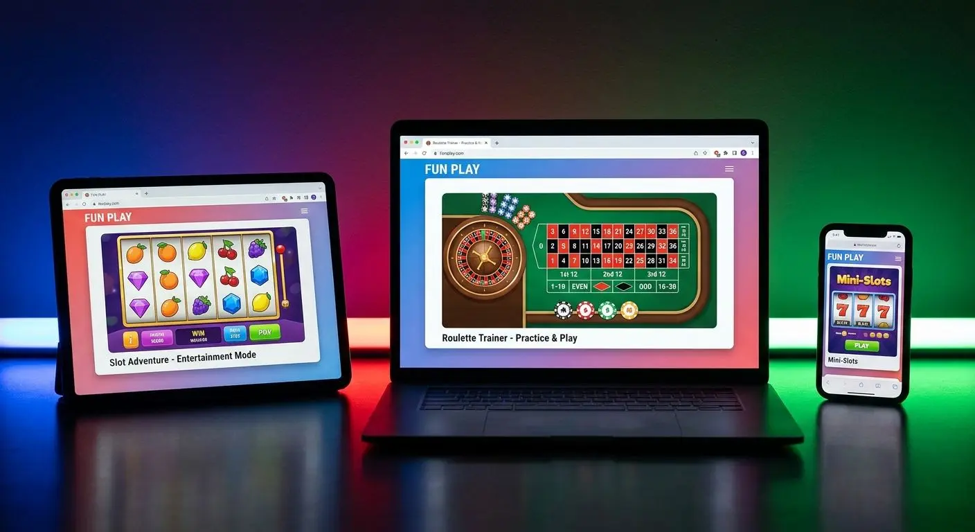 Collage aus Slot- und Roulette-Oberflächen im Fun-Play-Modus