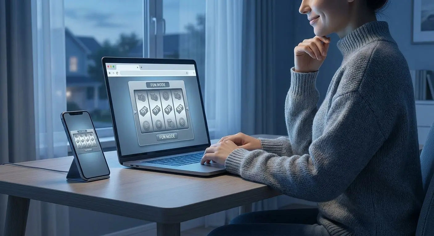 Spieler testet kostenlosen Spielmodus auf Laptop und Smartphone