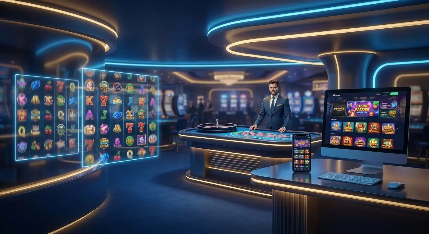 Digitale Lobby mit Slots, Tischspielbereich und mobiler Ansicht