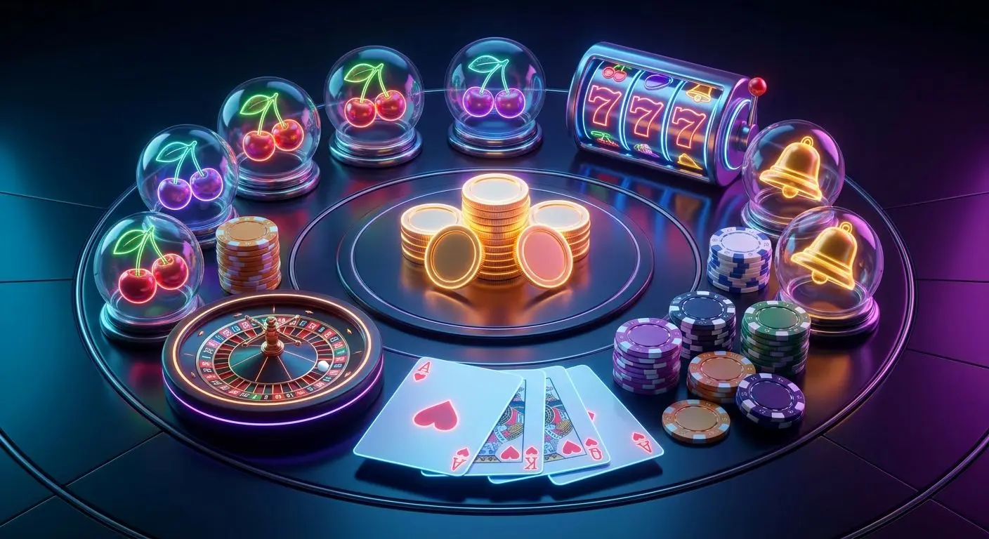 Symbole für Slots, Karten und Roulette als Zeichen der Spielvielfalt