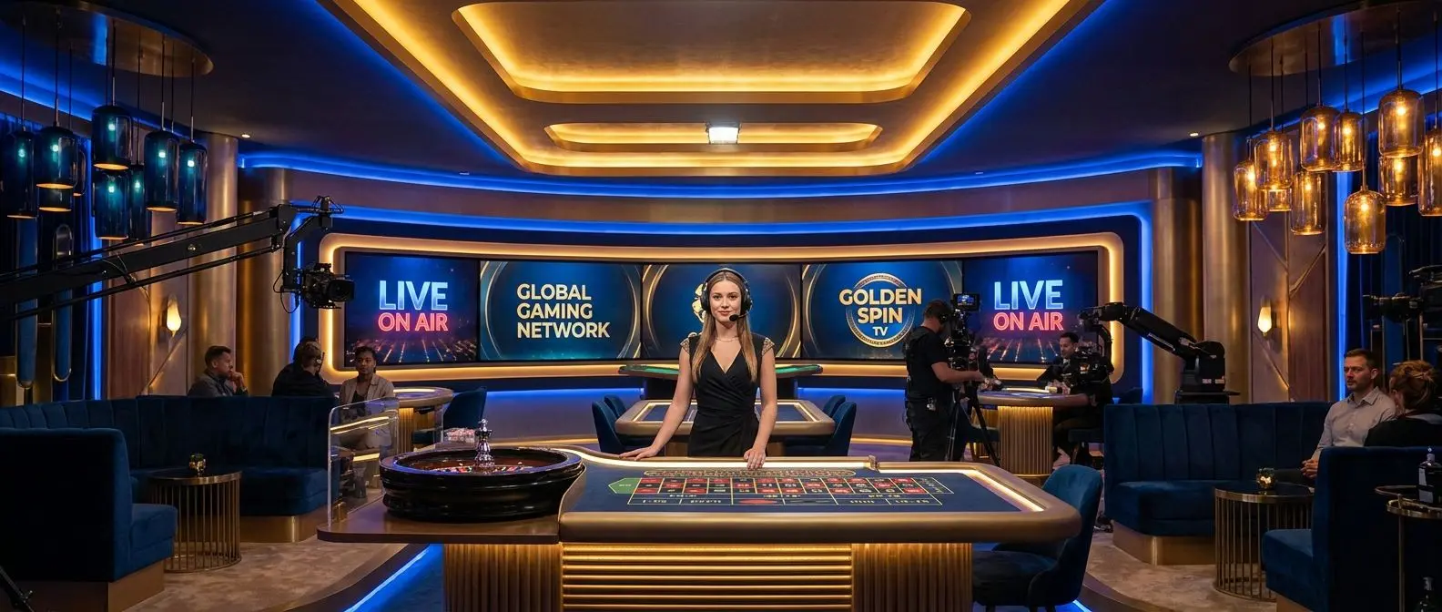 Gesamtansicht eines Live-Studios mit Roulette-Tisch und Monitoren