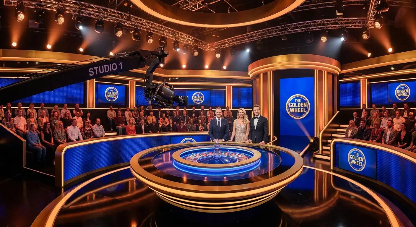 TV-Studio mit Roulette-Tisch, Hosts und Kameratechnik