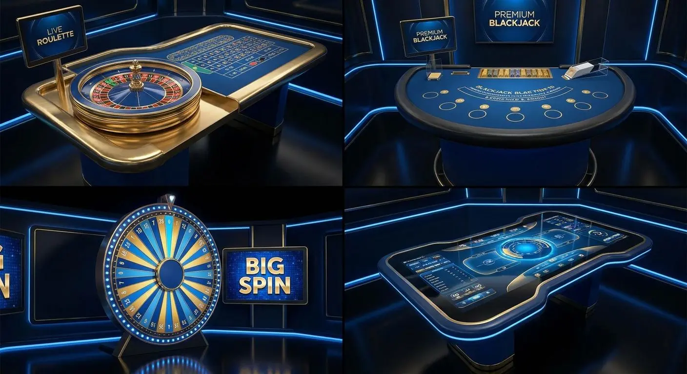 Collage verschiedener Live-Spieltypen mit Roulette, Blackjack und Show-Rad