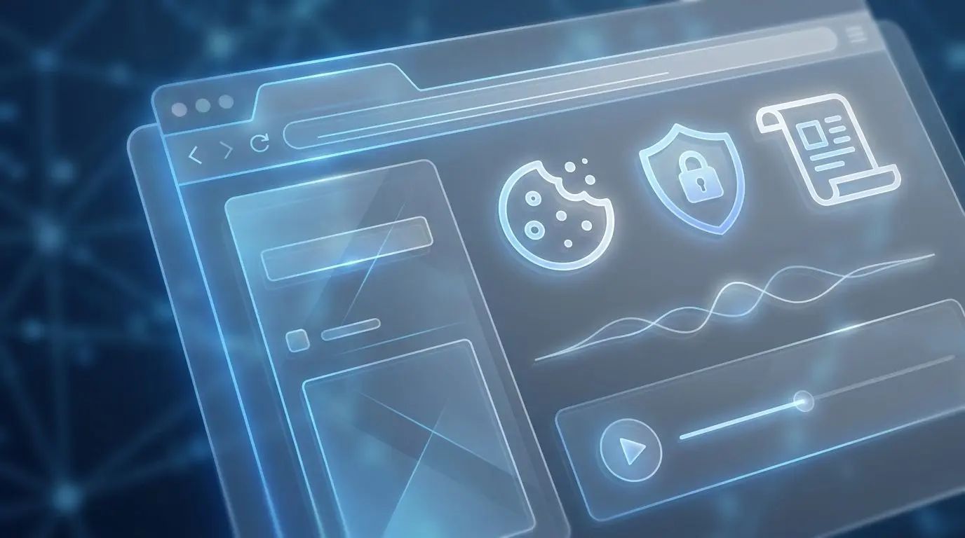 Browserfenster mit Cookie-Symbol und Schloss für Datenschutz und Sicherheit