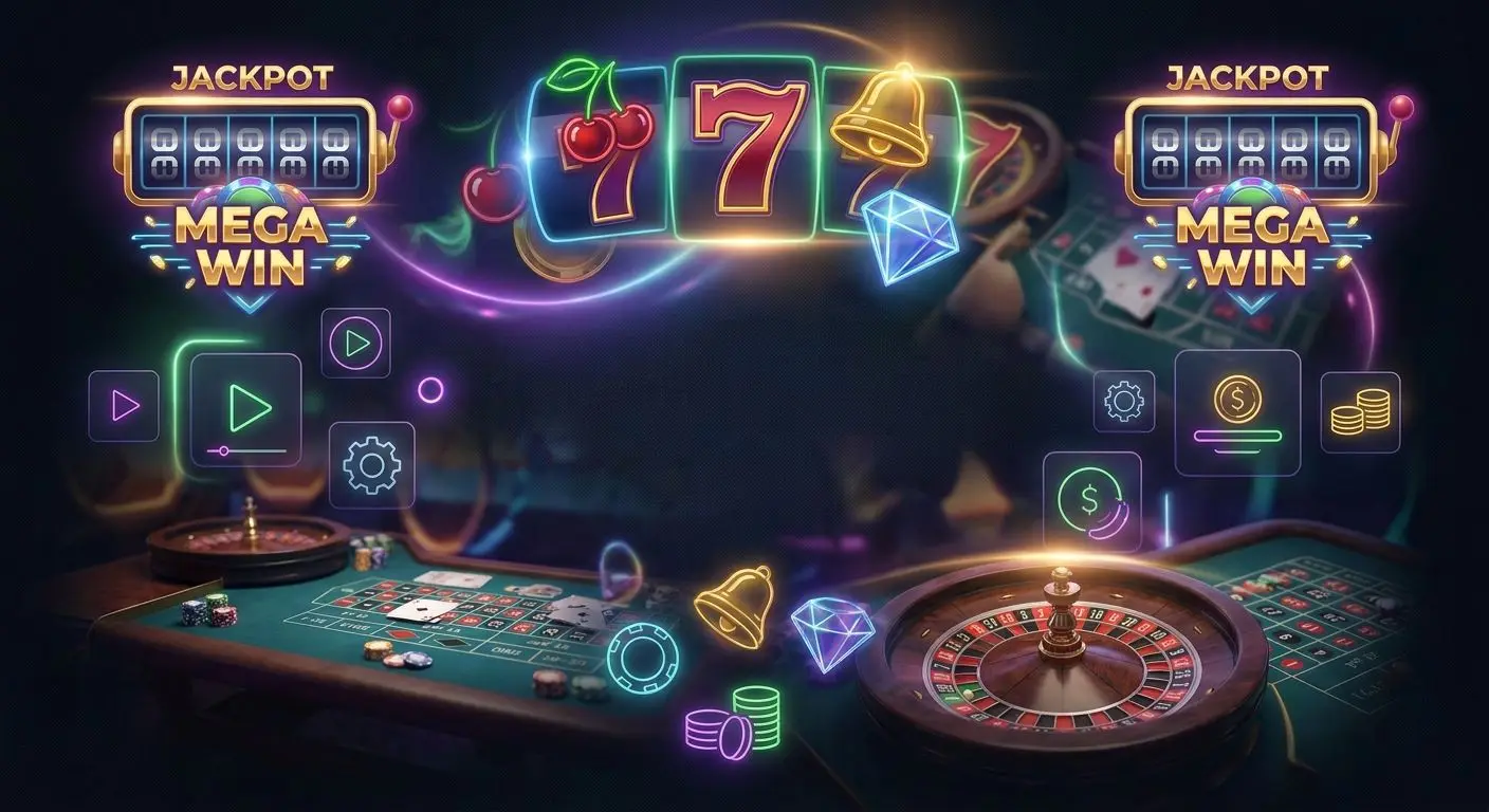 Collage aus Slot-Symbolen, Live-Tisch und Jackpot-Anzeige