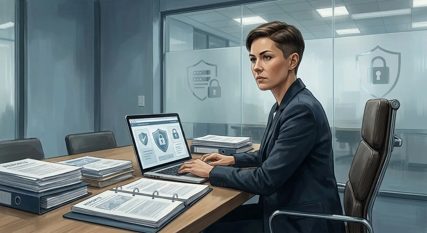 Seriöse Illustration eines Datenschutz- und Content-Experten