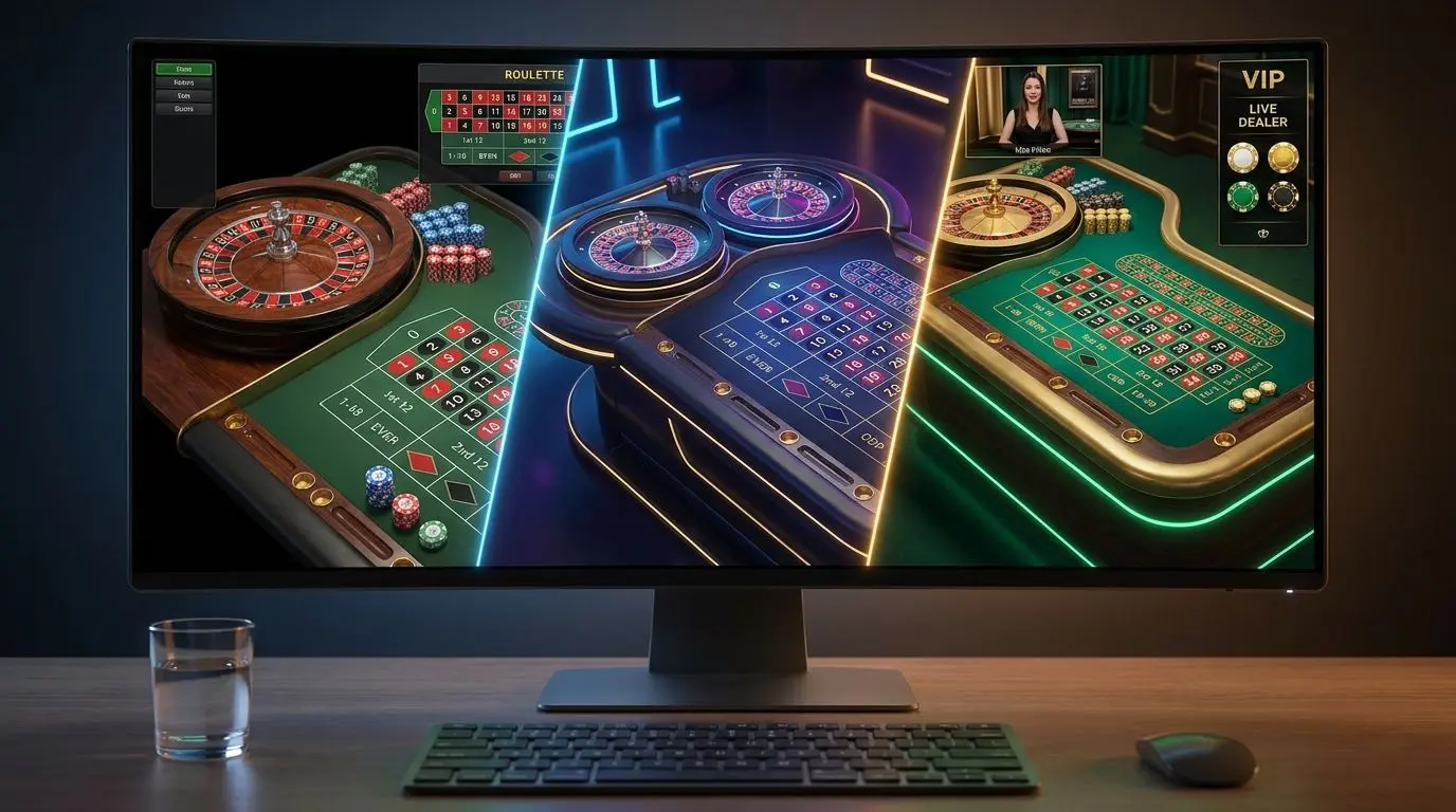 Roulette-Varianten bei PlayOJO im Vergleich Vergleich verschiedener Online-Roulette-Tische auf einem Desktop-Bildschirm