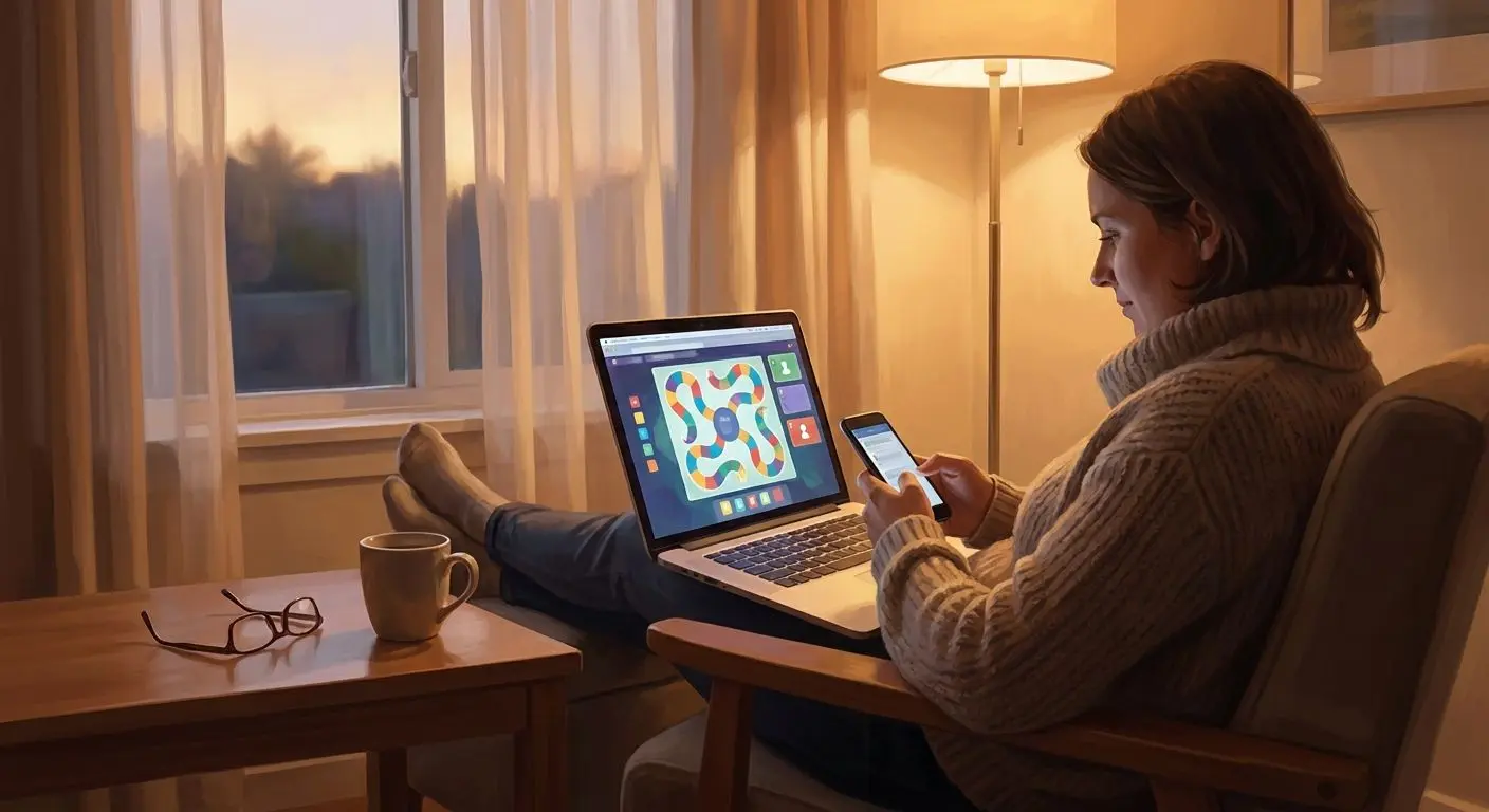 Sicher und fair Roulette spielen Entspannter Spieler am Laptop und Smartphone in ruhiger Umgebung