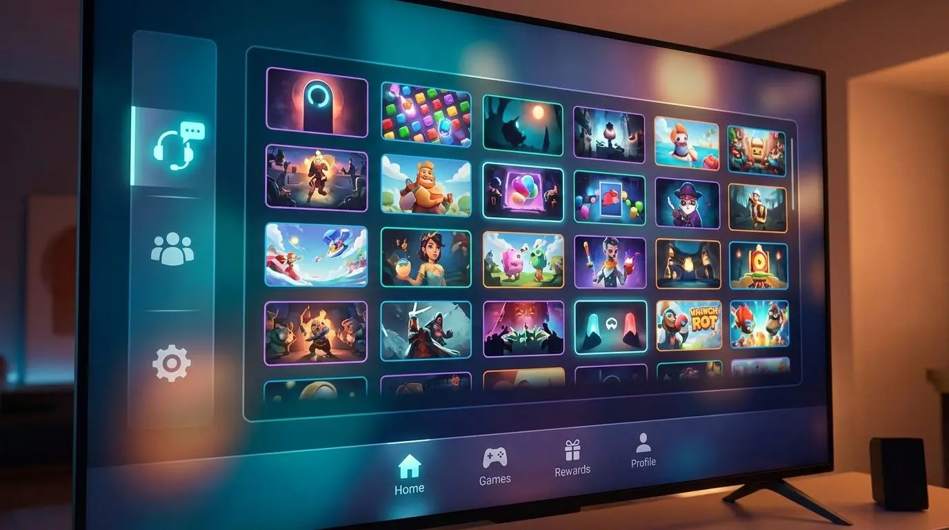 Moderne PlayOJO-Lobby mit Slot-Auswahl, Support- und Community-Symbolen