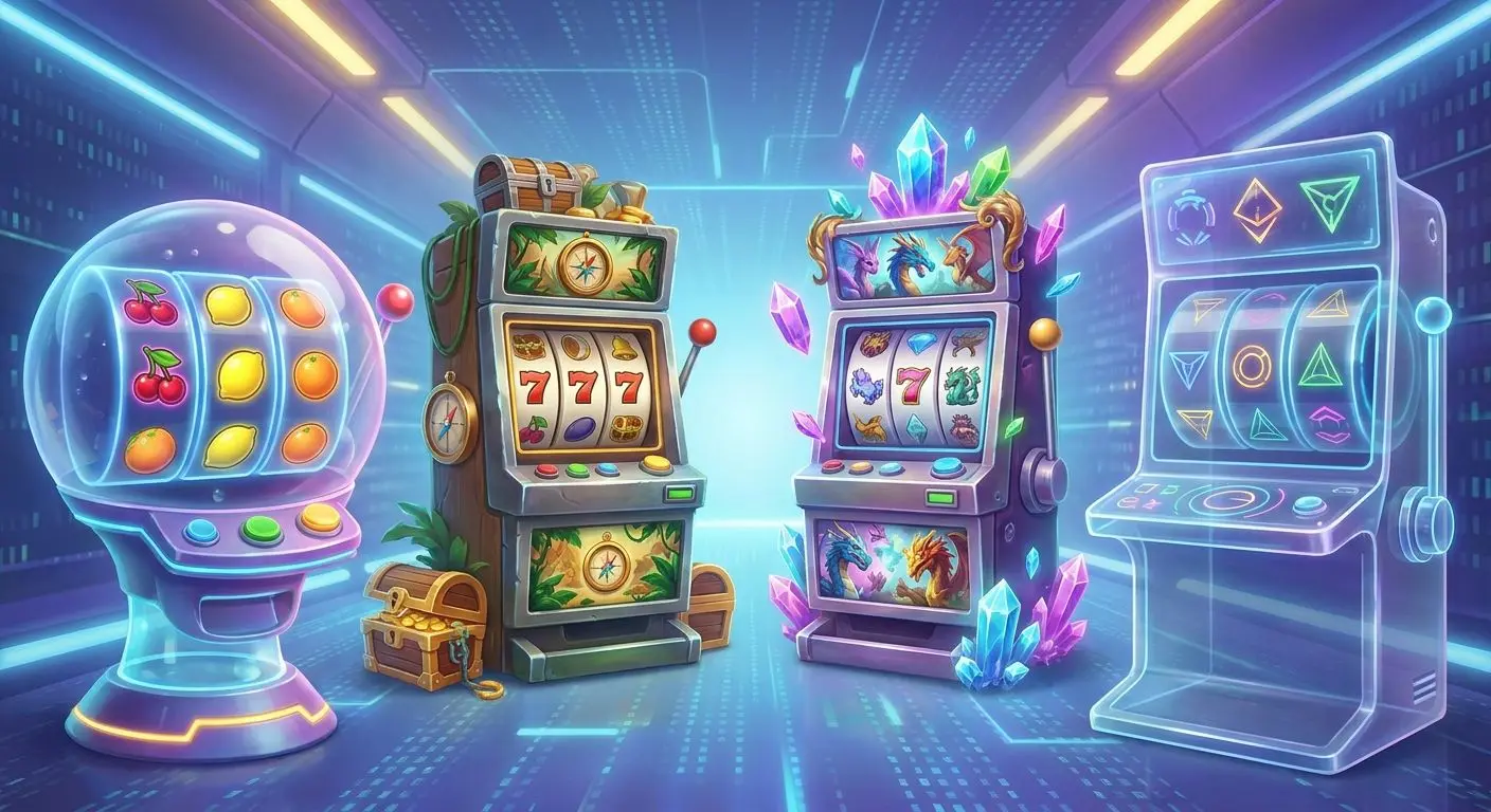 Verschiedene Slot-Typen mit Früchte-, Abenteuer- und Fantasy-Themen