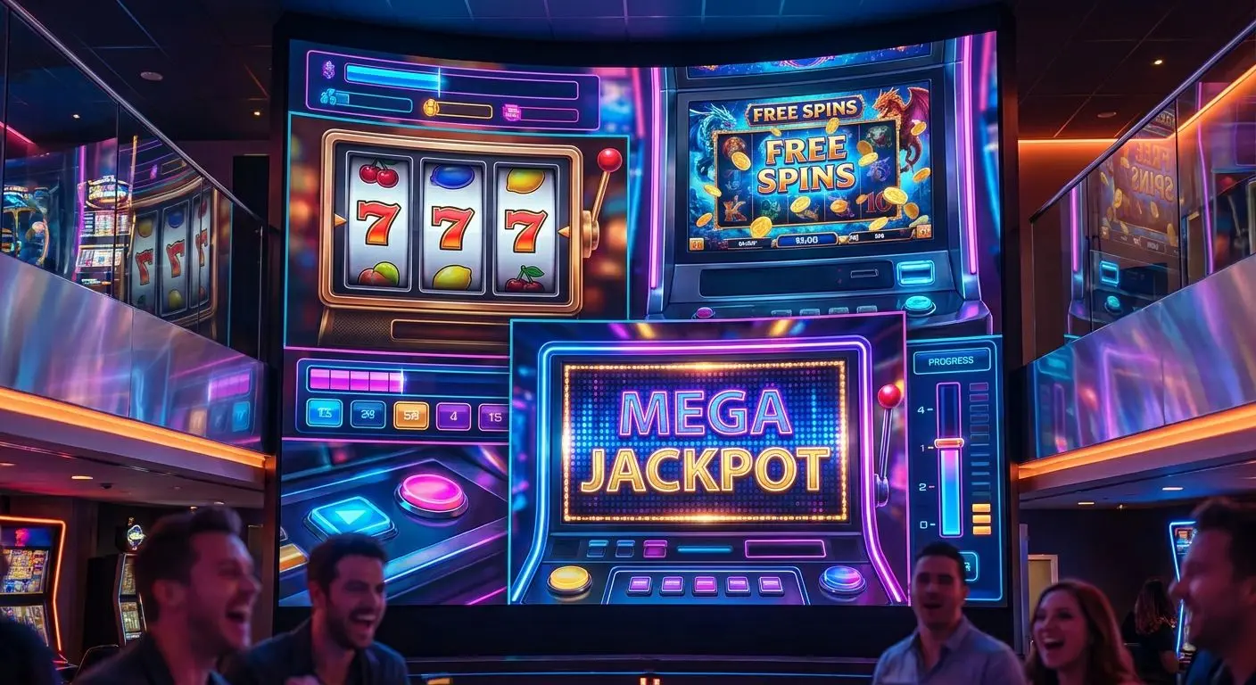 Verschiedene PlayOJO Slot-Typen Collage mit klassischen Slots, modernem Videoslot und Jackpot-Anzeige