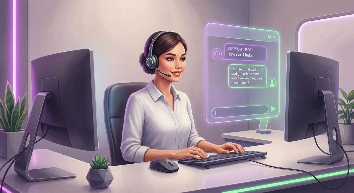 Support-Mitarbeiter mit Headset und Chat-Fenster